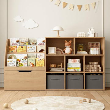 Kids Bookshelf and Toy Storage, Toy Storage Organizers with Movable Drawers & 3 Storage Bins, Kids Reading Nook Toy