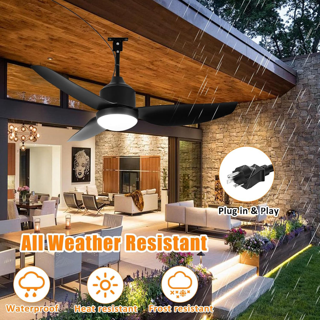 42 Inch Black Waterproof Gazebo Fans with Lights Outdoor Hanging - Plug in Remote App Control for Patios Indoor Farmhouse Porch - 6 Speed Reversible DC Motor