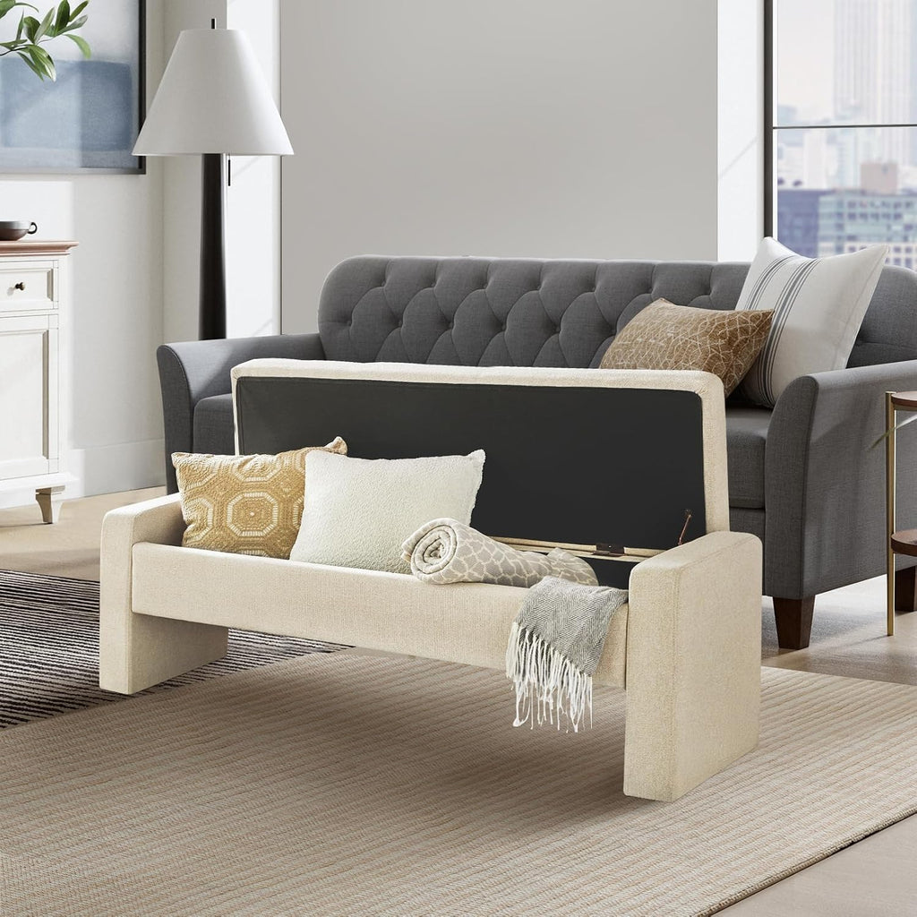 55" Modern Upholstered Storage Bench with Tufted Seat, Fabric Ottoman Bench , or Living Room, Soft Close Hinge,Linen