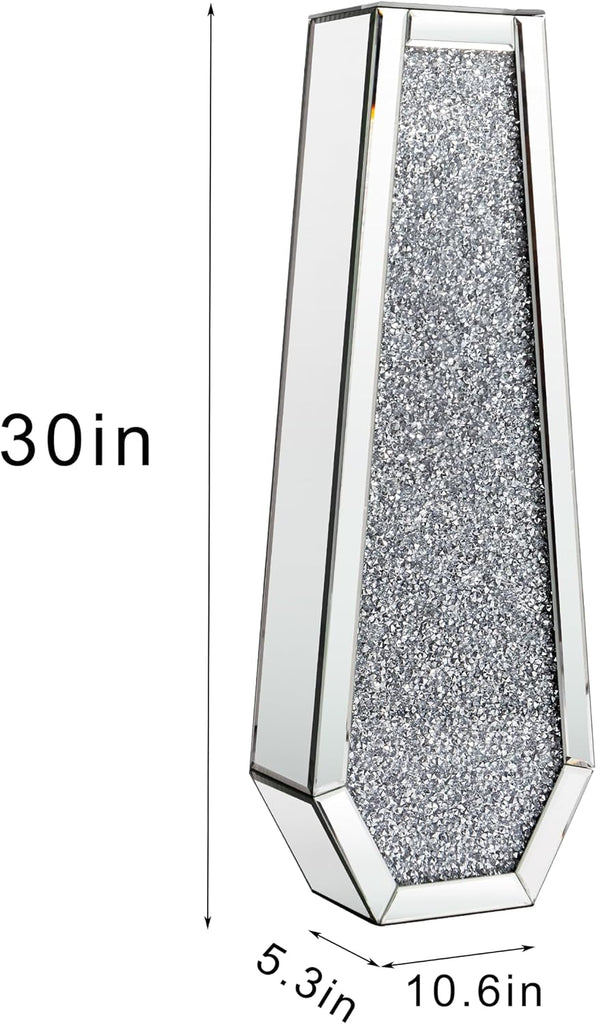 30" Floor Vase Crushed Diamond Mirrored Vase Silver Tall Vases for Floor, Large Crystal Glass Decorative Floor Vases