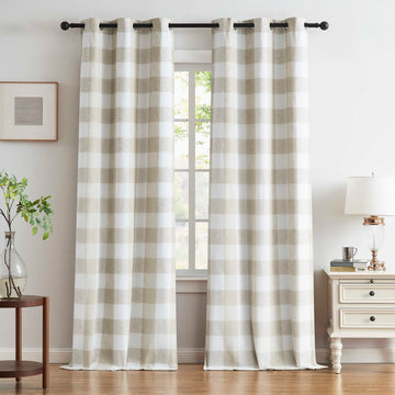 Buffalo Tan White Plaid Full Blackout Window Curtains 84 Inches Long