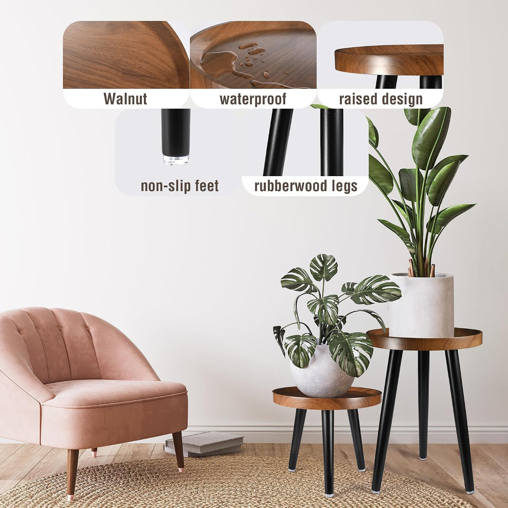 Indoor Plant Stand,Tall Stand with Raised Design(Walnut,12x10.8 in) | 2 Pack Wood Mid Century Plant Table in Walnut
