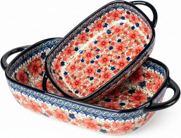 Ceramic Dish with Handles, Hand-painted Polish Pottery Dish Set of 2, Pan Lasagna Pan, Rectangular, Floral Pattern
