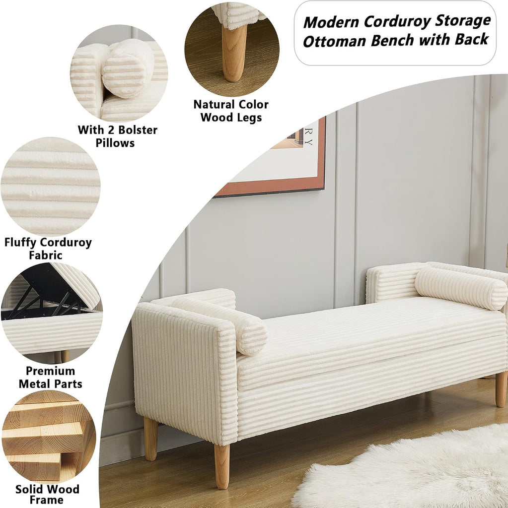 Corduroy Bed End Ottoman Bench with Storage,Upholstered Storage Benches with Back and Arms,65.35" Long Armed Storage