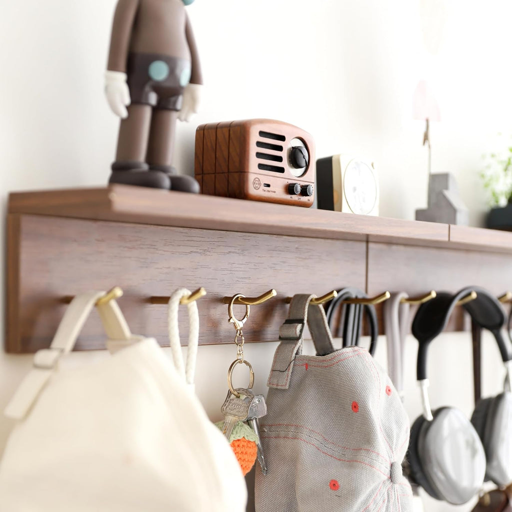 Wall Mount Walnut Coat Rack, 5 Brass Hooks, Floating Shelf | Adjustable rail with movable wood hooks