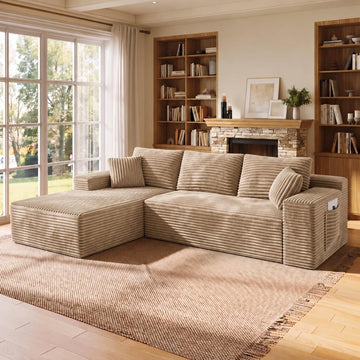 Shape Sectional Couches, 3 Seater Sectional Sofas Bedroom, Boneless Couch Sofa (Camel, Left Facing Chiase, 106 inch)