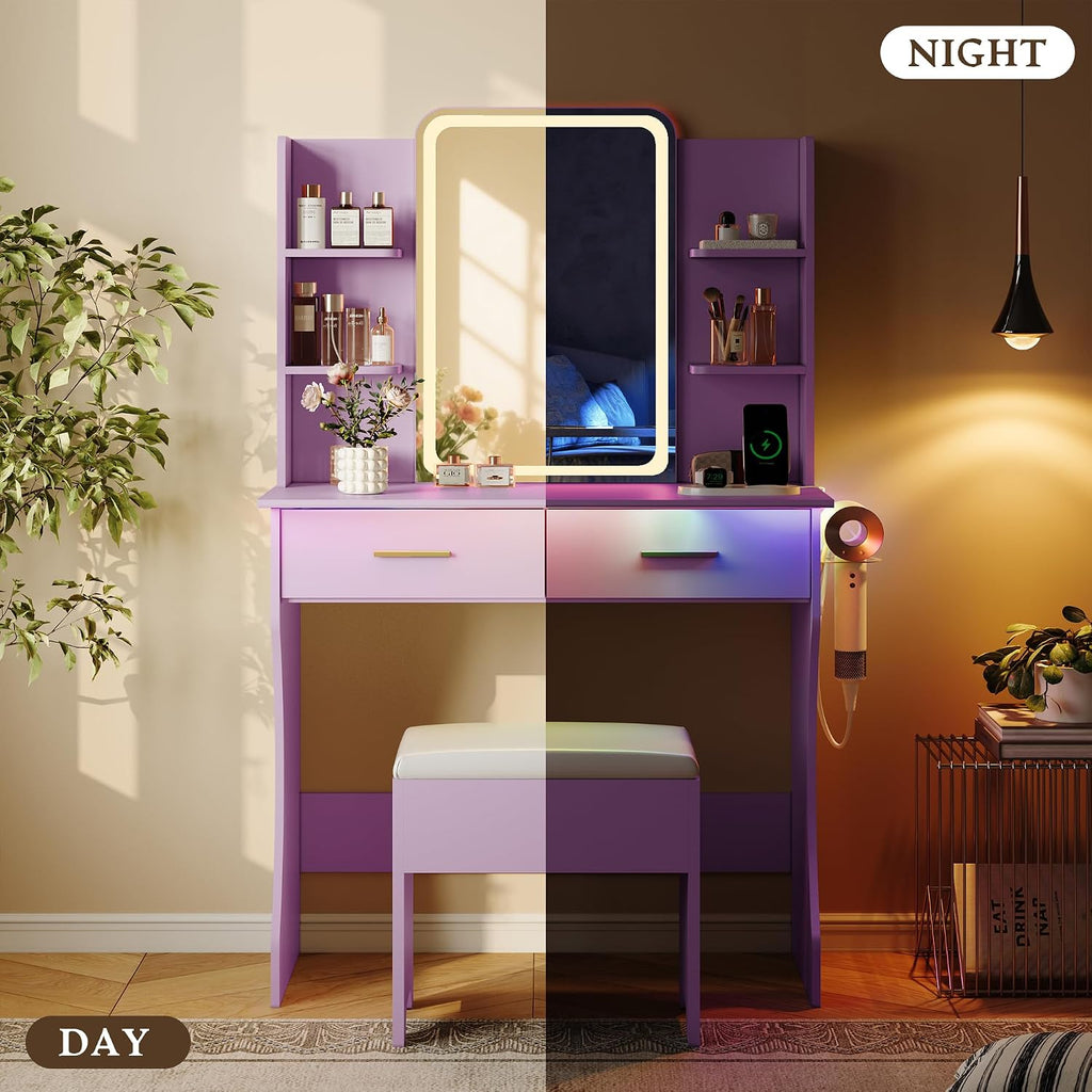 Makeup Vanity Desk with LED Lights and Mirror, Vanity Table Set with Charging Station&Cushioned Stool, 3 Lighting