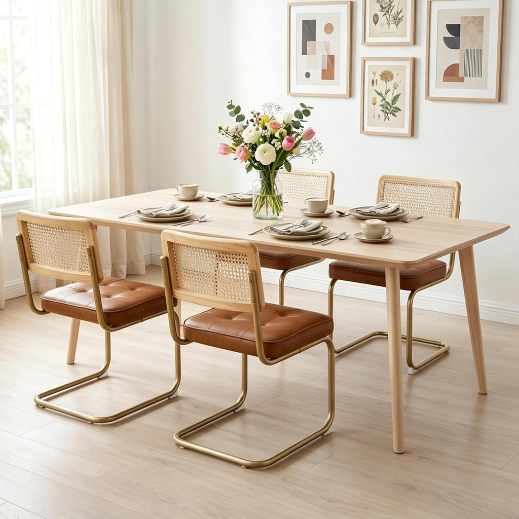 Natural Rattan Dining Chairs Set of 2, Upholstered Faux Leather Kitchen Chairs, Modern Dining Room Chairs with Solid