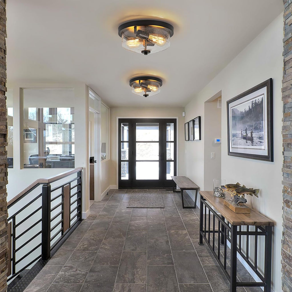 Black Flush Mount Ceiling Light Farmhouse Outdoor Porch Light Fixtures With Seeded Glass Shade