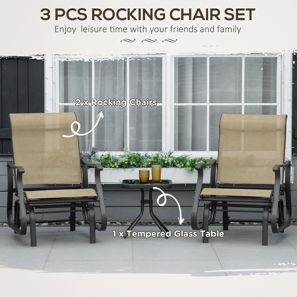 3-Piece Outdoor Gliders Set Steel Frame Patio Gray | Bistro Table and Chairs, Tempered Glass Top Table, Garden