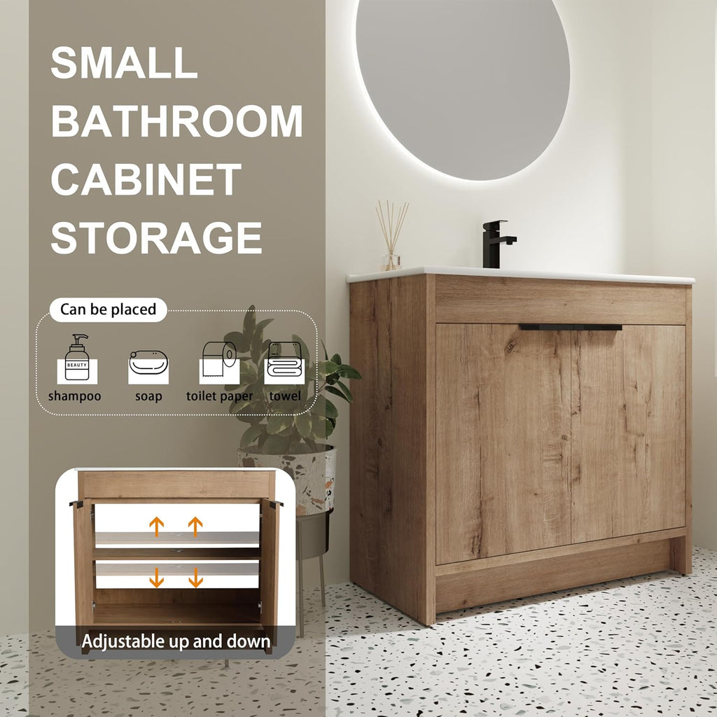 36-Inch Bathroom Vanity with Sink Mid-Century Bathroom Vanities with Top Basin Floor Wood Bathroom Sink Cabinet