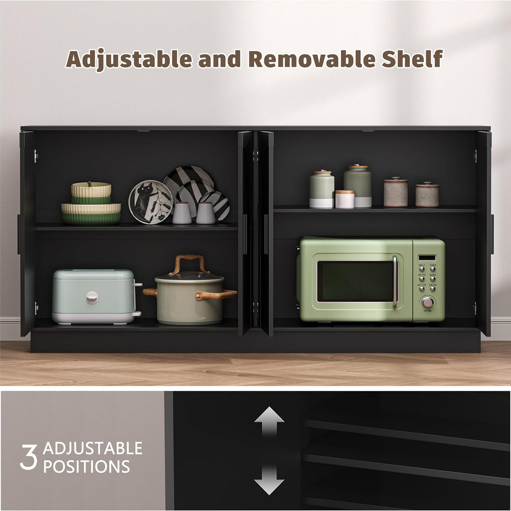 Buffet Cabinet with Storage, 65" W Fluted Sideboard Buffet Cabinet with Adjustable Shelves, Single-Box Modern Wood