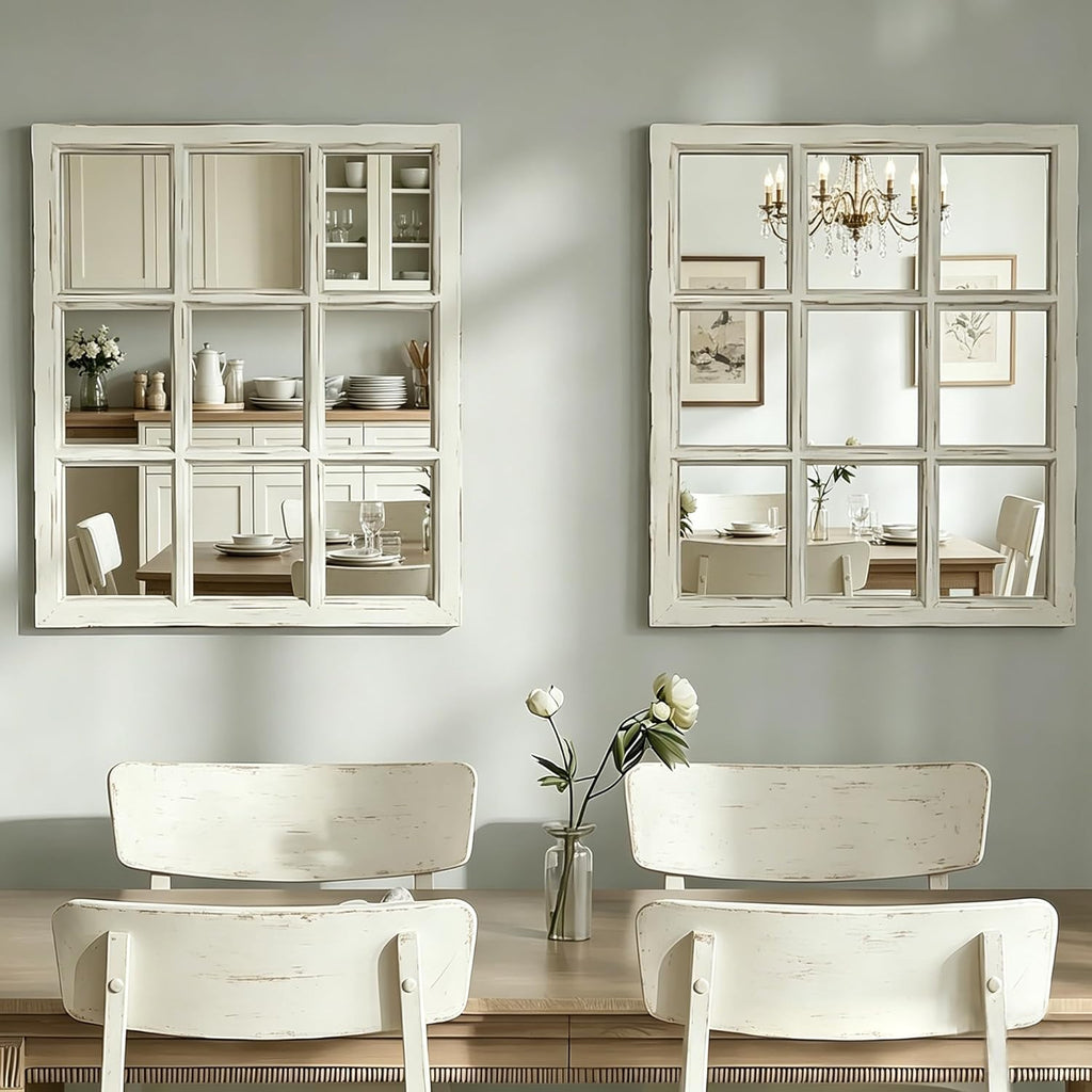 Wall Mirror Decor Farmhouse - Rustic White Window Pane Mirror Wall Decor, Rectangle Wood Mirror , Fireplace,Mantel