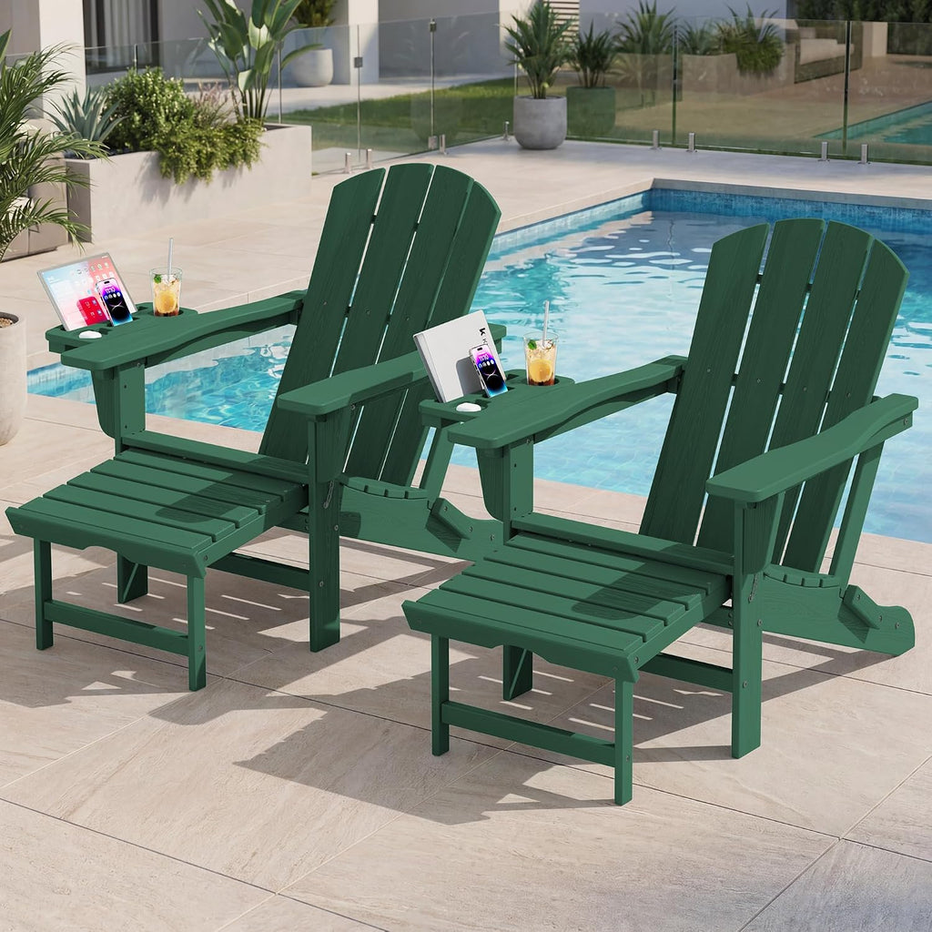 Adirondack Chair with Footrest & 4-in-1 Cup Holder, Green | HDPE Adjustable Folding Adirondack Chair with Pull-Out