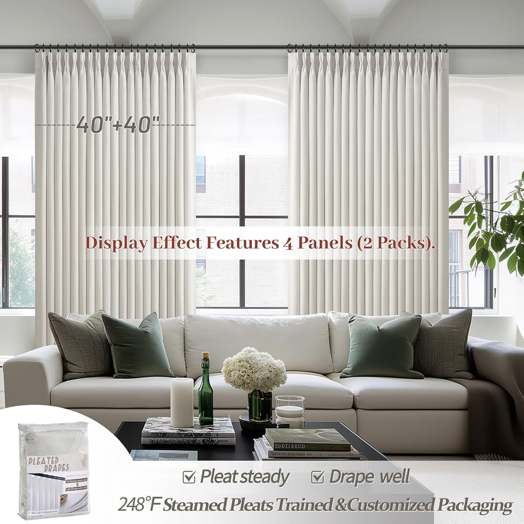 Pleat Viral Linen Blackout Curtains (Set of 2 Panels), Pinch Pleated Soundproof Privacy Farmhouse Window Drapes Decor