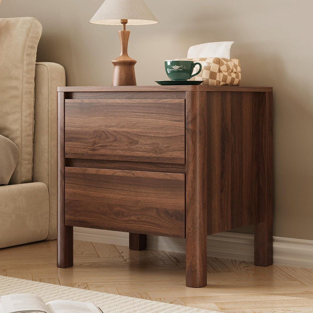 Walnut Nightstands Set of 2, Mid Century Modern Bedside Table with Hidden Handles and Wood Legs, Wooden End Table