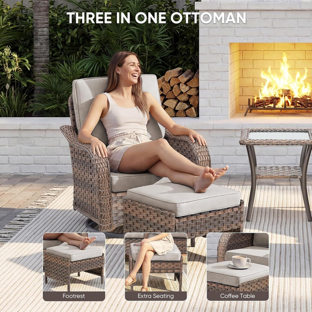 Patio Wicker Swivel Chairs -3 Piece Outdoor Swivel Rocking Chairs with Rattan Side Table, Ergonomic Design for Porch