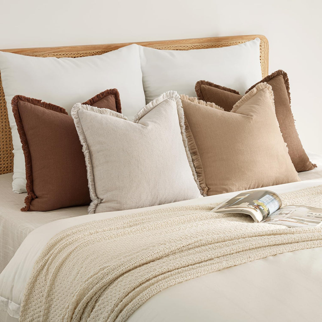 Decorative Couch Pillow Covers Neutral Linen Fringe Throw Pillows Set of 4 Accent Rustic Cushions Boho Farmhouse