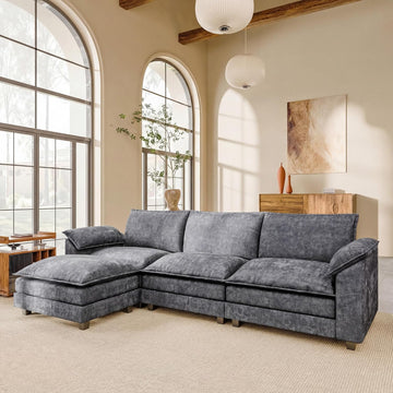 118.9" Modular Sectional Cloud Couch 3-Seat Sofa Set with Movable Ottoman, L Shaped Sofa Couch with Deep Seat