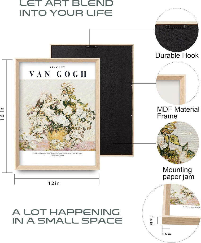 Van Gogh High Framed Wall Art Set of 3, 12x16in Neutral Floral Canvas Prints, Abstract Landscape Artwork Bedroom