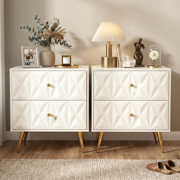 Nightstand Set of 2, White and Gold Nightstands with 2 Diamond Pattern Drawers, Modern End Table Side Table with Gold