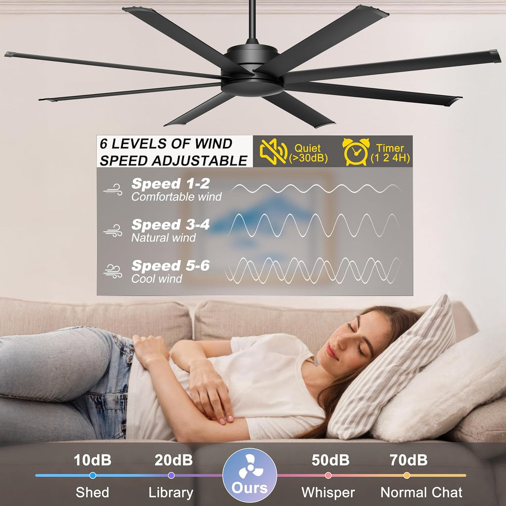 72" Large Ceiling Fan No Light - Industrial Fan Remote & APP Control, Quiet DC Motor, Indoor/Outdoor Ceiling Fan
