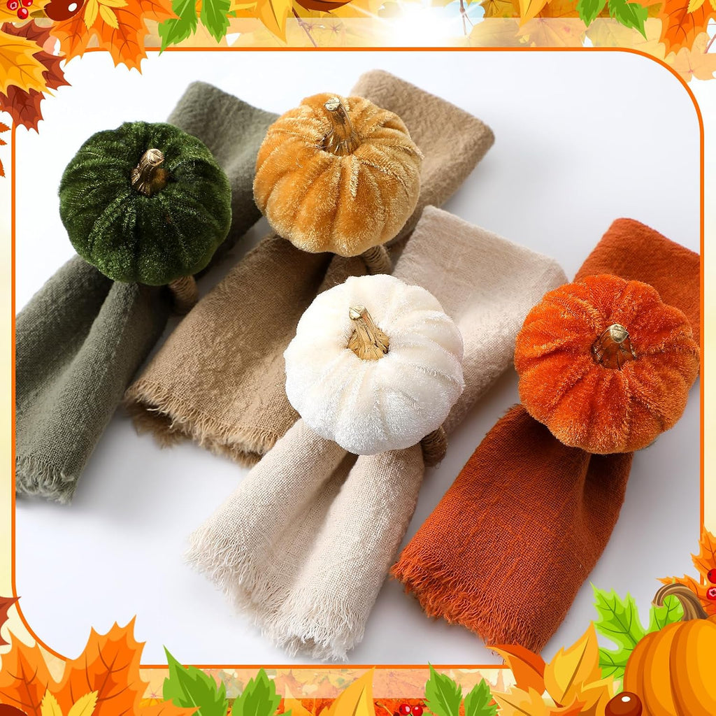 Velvet Pumpkin Napkin Rings Boho Rustic Fall Napkin Holders for Thanksgiving Friendsgiving Autumn Weddings - Set of 8