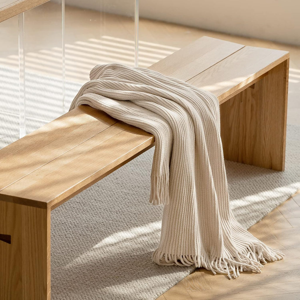 Chenille Throw Blanket 50x60 - Soft Boho Knitted Blanket, Lightweight All Season White/Cream Blanket, Decorative