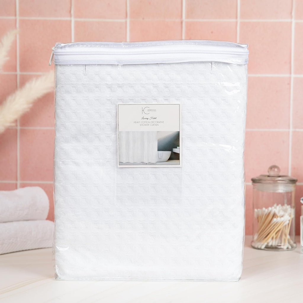 White Waffle Weave Shower Curtain, Heavyweight 100% Cotton Fabric, Luxury Hotel Spa Quality, 72 x 72