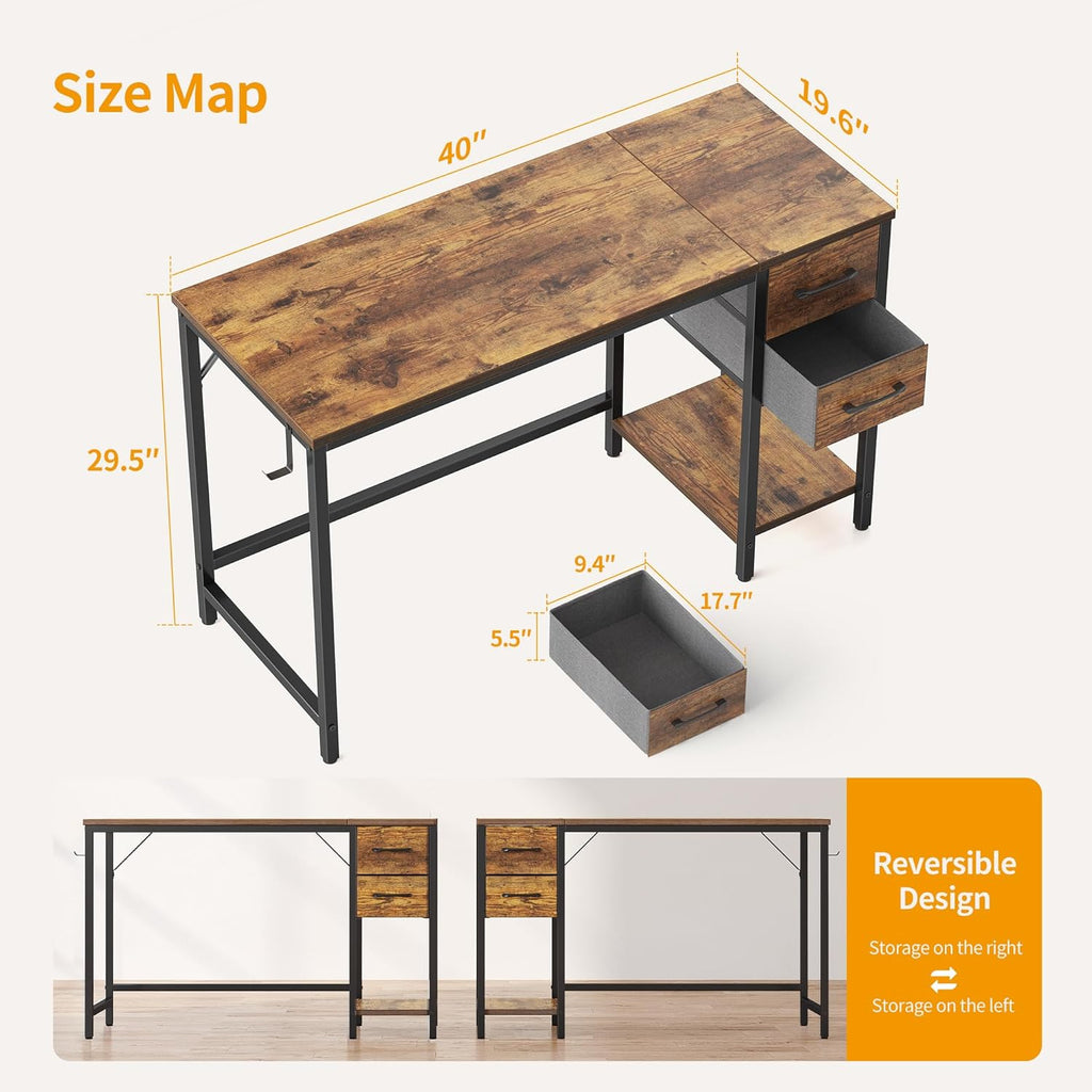 Computer Desk with 2 Drawers, 40 Inch Small Home Office Desk with Storage Study Writing Table, Light Brown