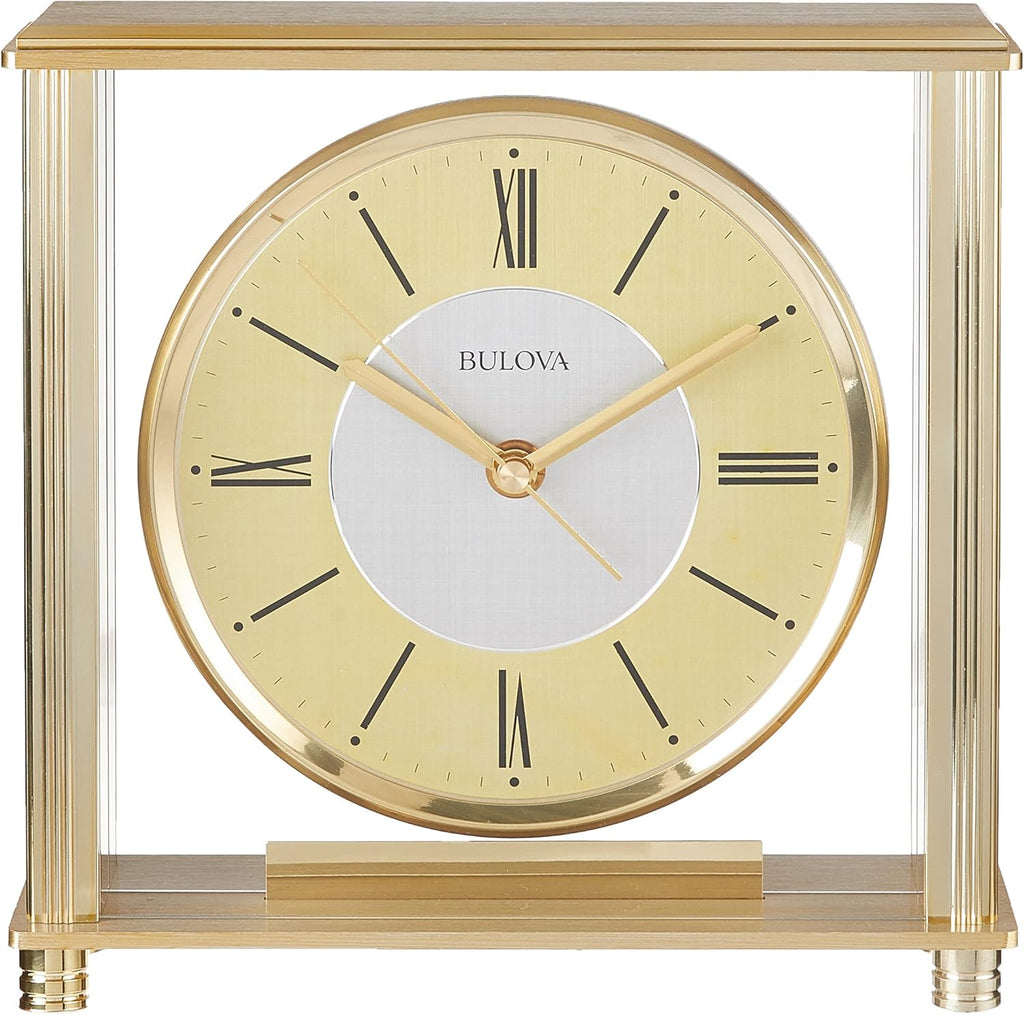 Bulova B1700 Grand Prix Table Clock - Brass MetalFinish - Glass Enclosure with Two-Tone Metal Dial - Quiet Sweep - Elegant Desktop...