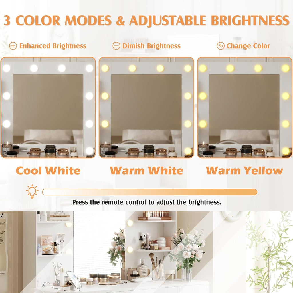Vanity Desk with Mirror, Power Outlet and 10 Lights, Makeup Table with 7 Drawers, 3 Color Modes Available , Pure White