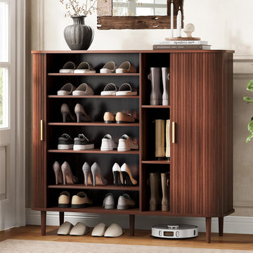 Shoe Storage Cabinet with Sliding Door, 6-Tier Shoe Cabinet with Adjustable Shelves, Modern Freestanding Shoe Storage