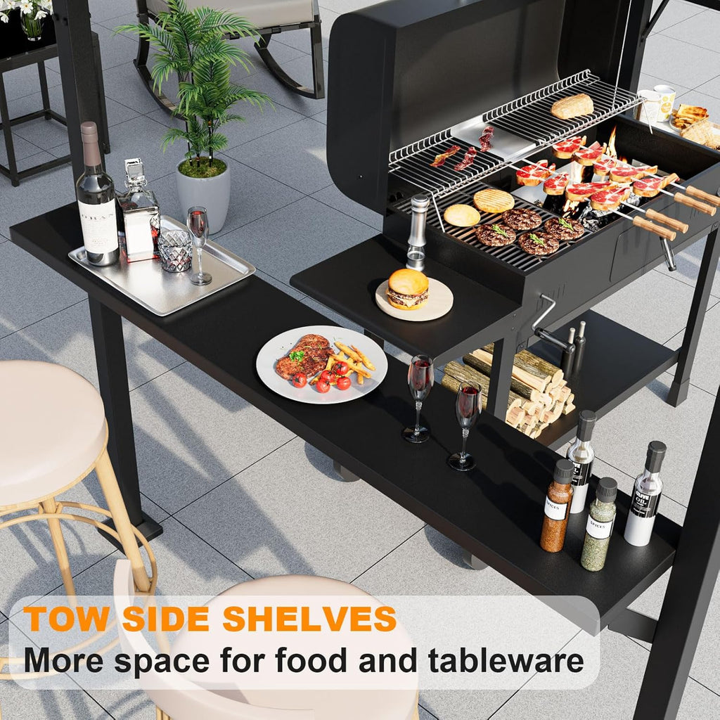 8'x 5' Hardtop Grill Gazebo, Outdoor BBQ Gazebo Metal Roof Canopy with 2 Metal Side Shelves & 5 Tool Hooks for Patio, Garden, Backyard, Poolside (Dark)