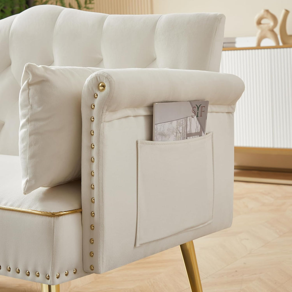 55 Inch Beige Velvet Loveseat Sofa with Gold Metal Legs & Side Pockets, Tufted Backrest