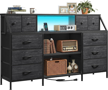 Black 55" Dresser with Charging Station & LED Lights Chest of Drawers with Detachable Mesh Door Bedroom Living Room