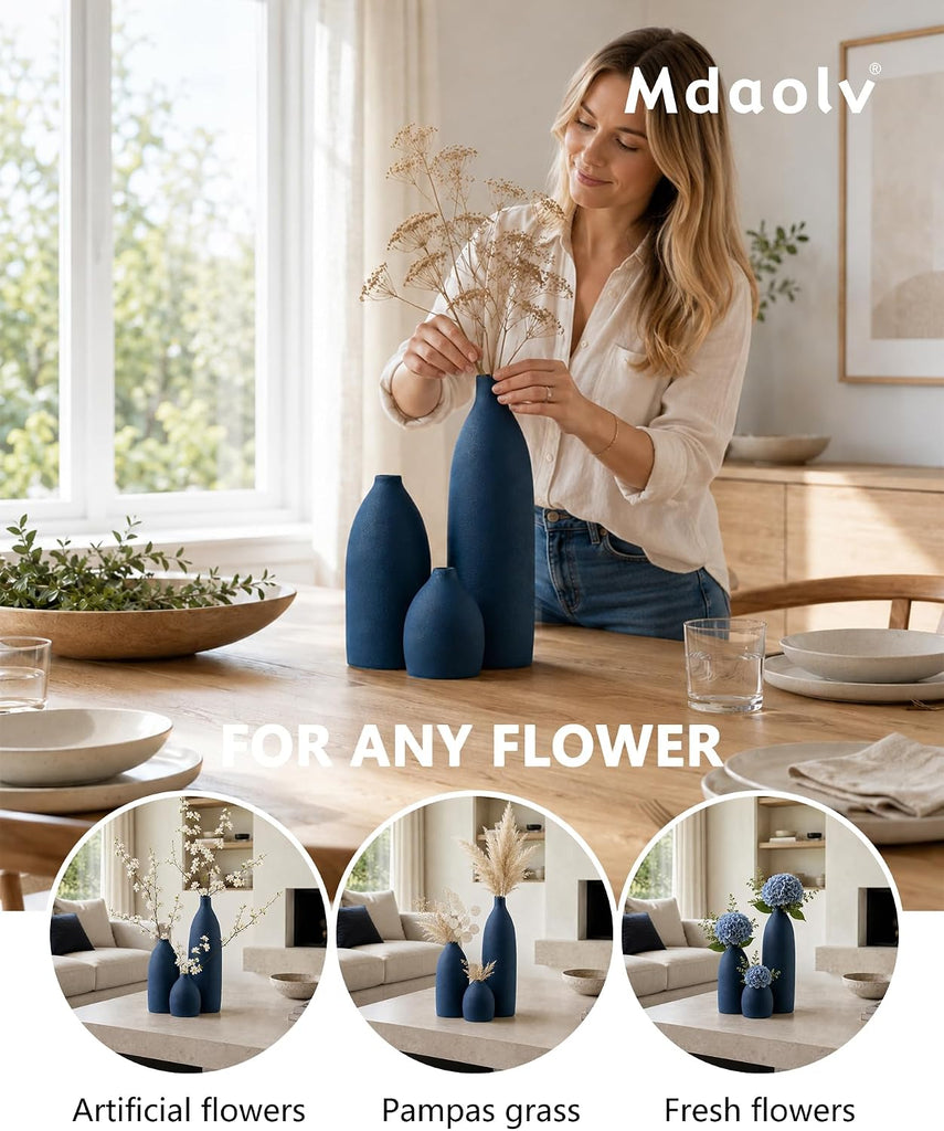 Matte Blue Vase Set Navy Blue Decor Coastal Decor Vases
