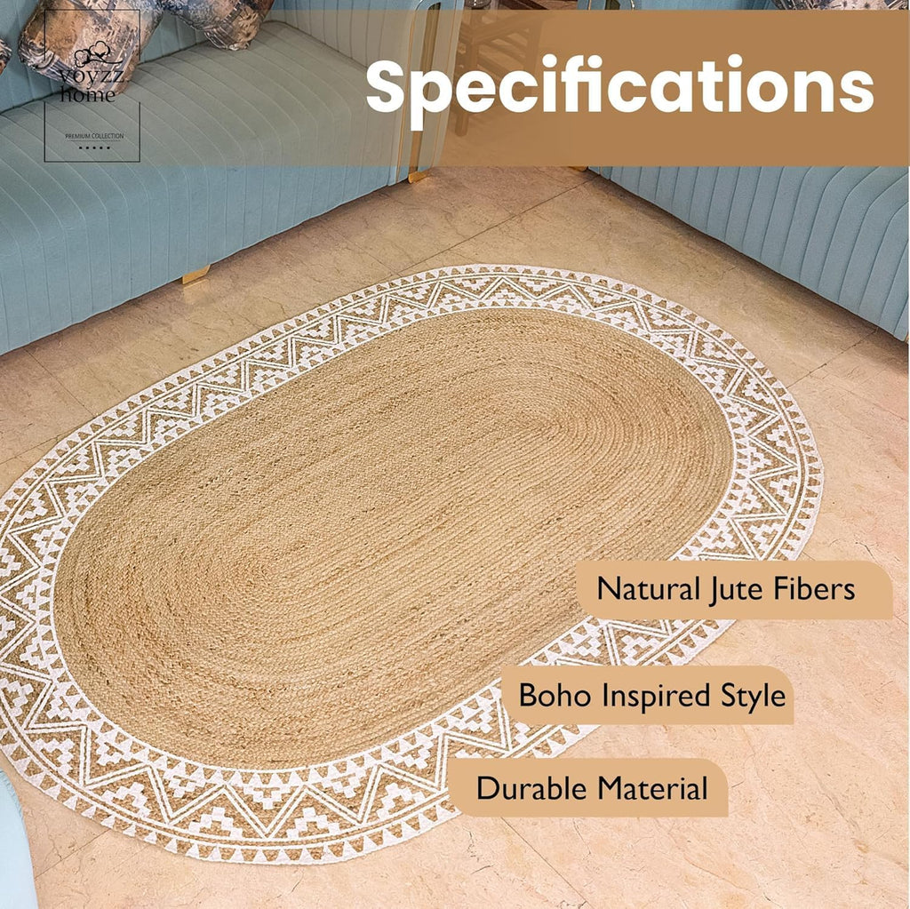 5X8 Feet-Oval, Premium Natural Jute Braided Area Rug, White Printed Border & Backing, Stain Resistance, Natural