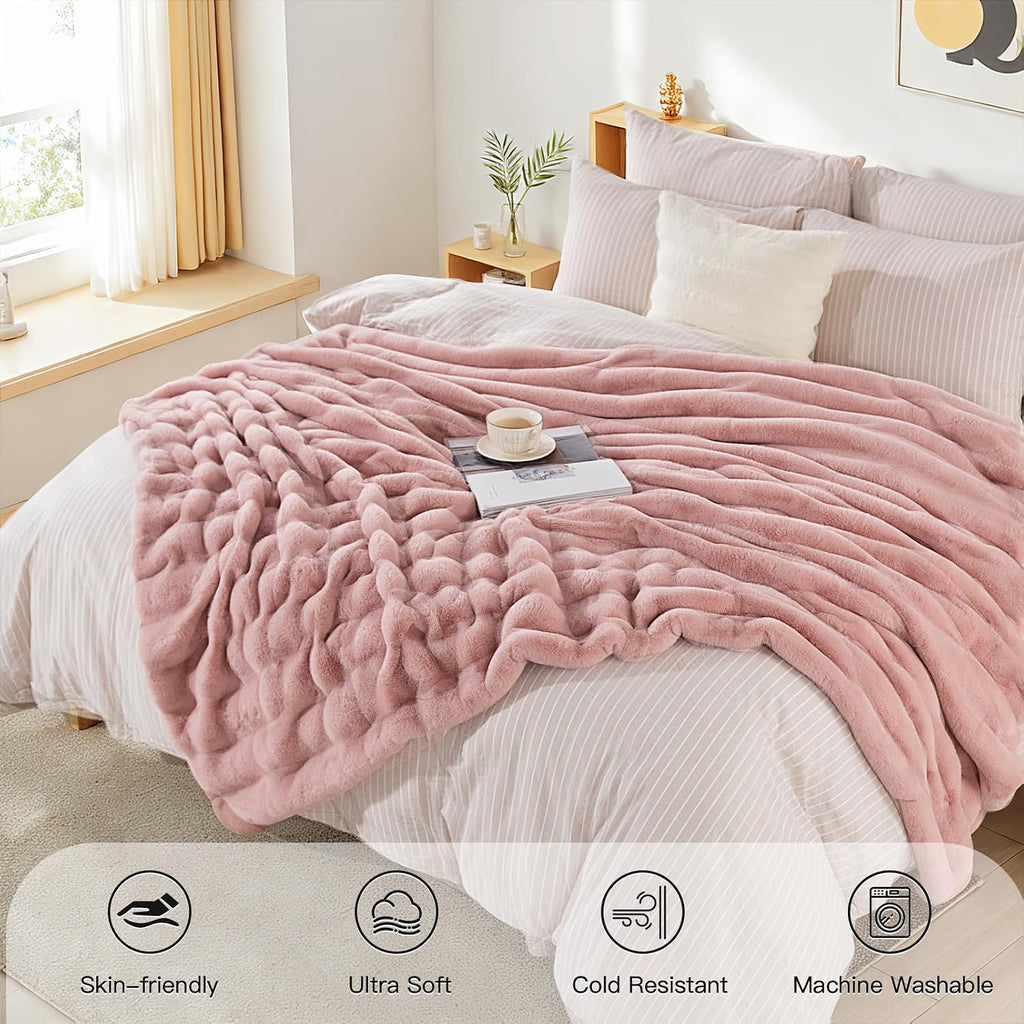 Faux Fur Throw Blanket Pink, Luxury Soft Decorative Cozy Plush Long Shaggy Fluffy Blanket, Reversible Puffy Thick