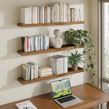 36 Inches Long Walnut Floating Shelves | Rustic Solid Wood Farmhouse Wall Shelves with Invisible Brackets Set of 3