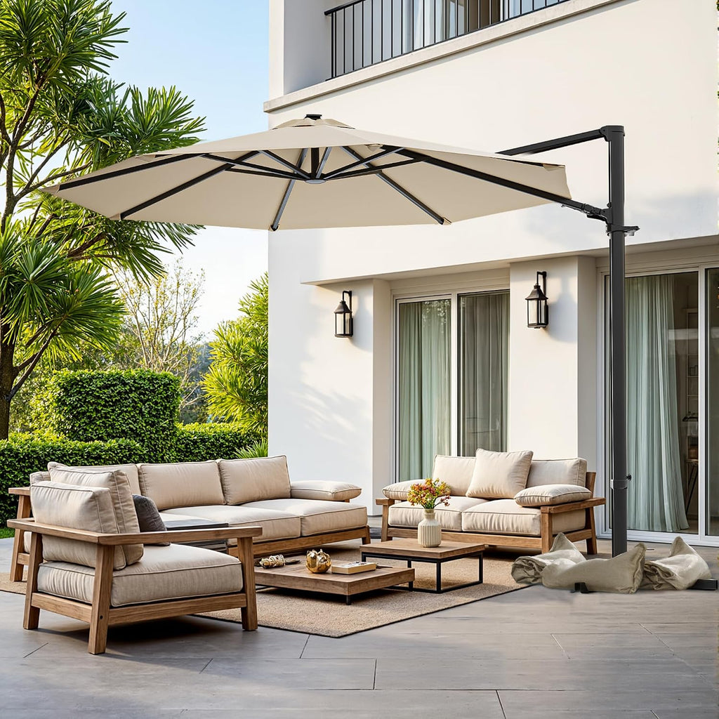 10FT Outdoor Patio Umbrella with High Pedel and 4 Gear Heights, Large Offset Market Umbrella with 360-degree Rotation