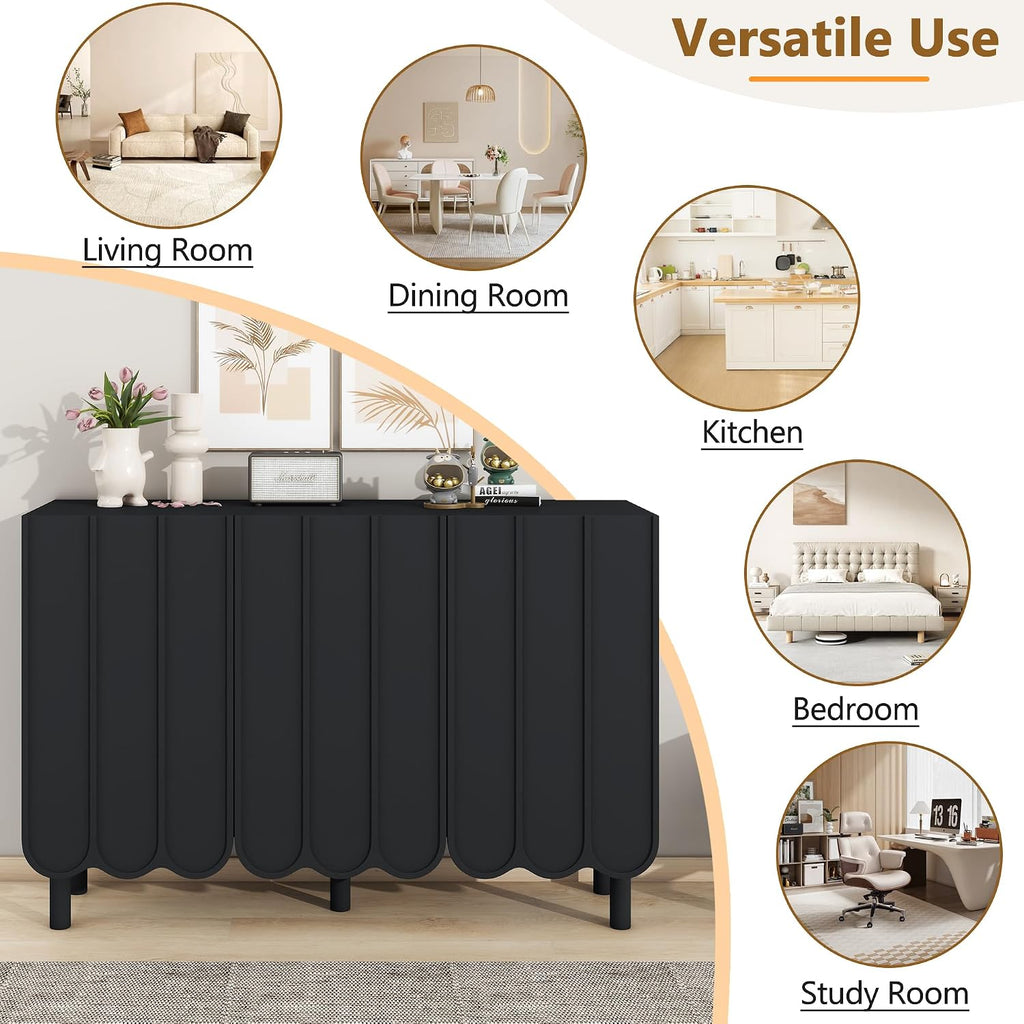 ON-Trend Cream Style Minimalist Shoe Cabinet with 5 Solid Wood Legs, Sideboard Buffet Cabinet with Adjustable