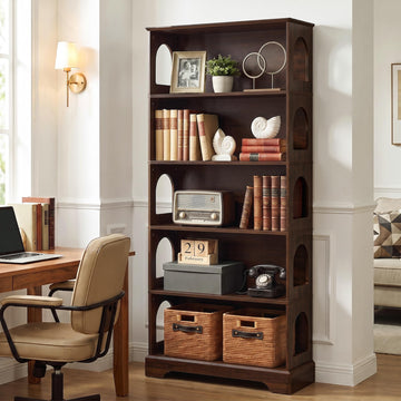 5-Tier Bookshelf, 64inch Tall Wood Bookcase, Dark Walnut