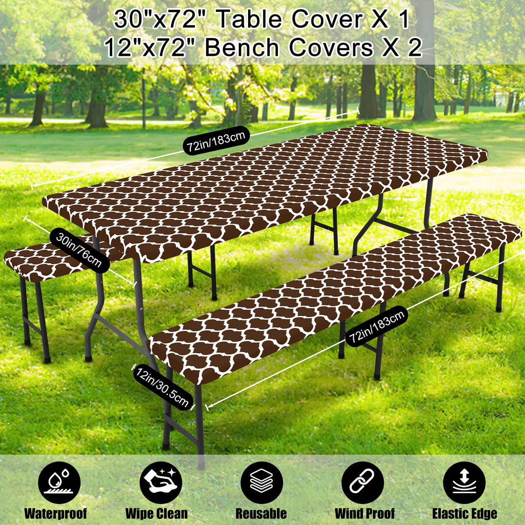 Picnic Table Cover with Bench Covers, Waterproof Elastic Fitted Tablecloth for 6 Foot Tables, Washable Polyester