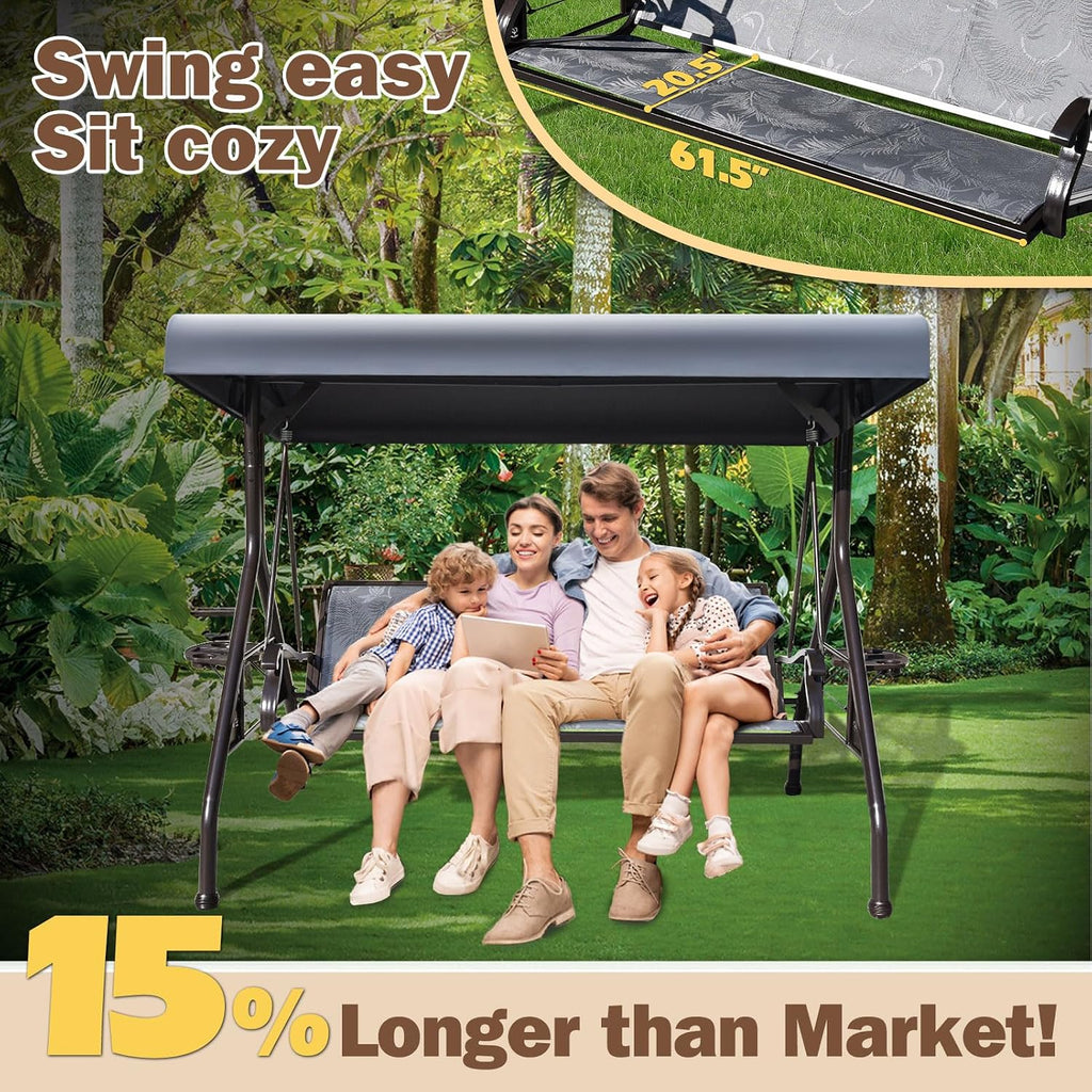 3 Person Patio Swing Outdoor Swing for Adults with Adjustable Canopy &Upgraded Cup Holders Textilene Fabric Porch
