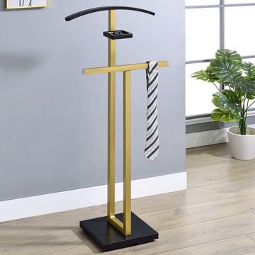 Vaccaro Metal Suit Valet Stand - Freestanding Clothes Organizer with Jacket Hanger, Pants Bar, Tie Holder & Storage
