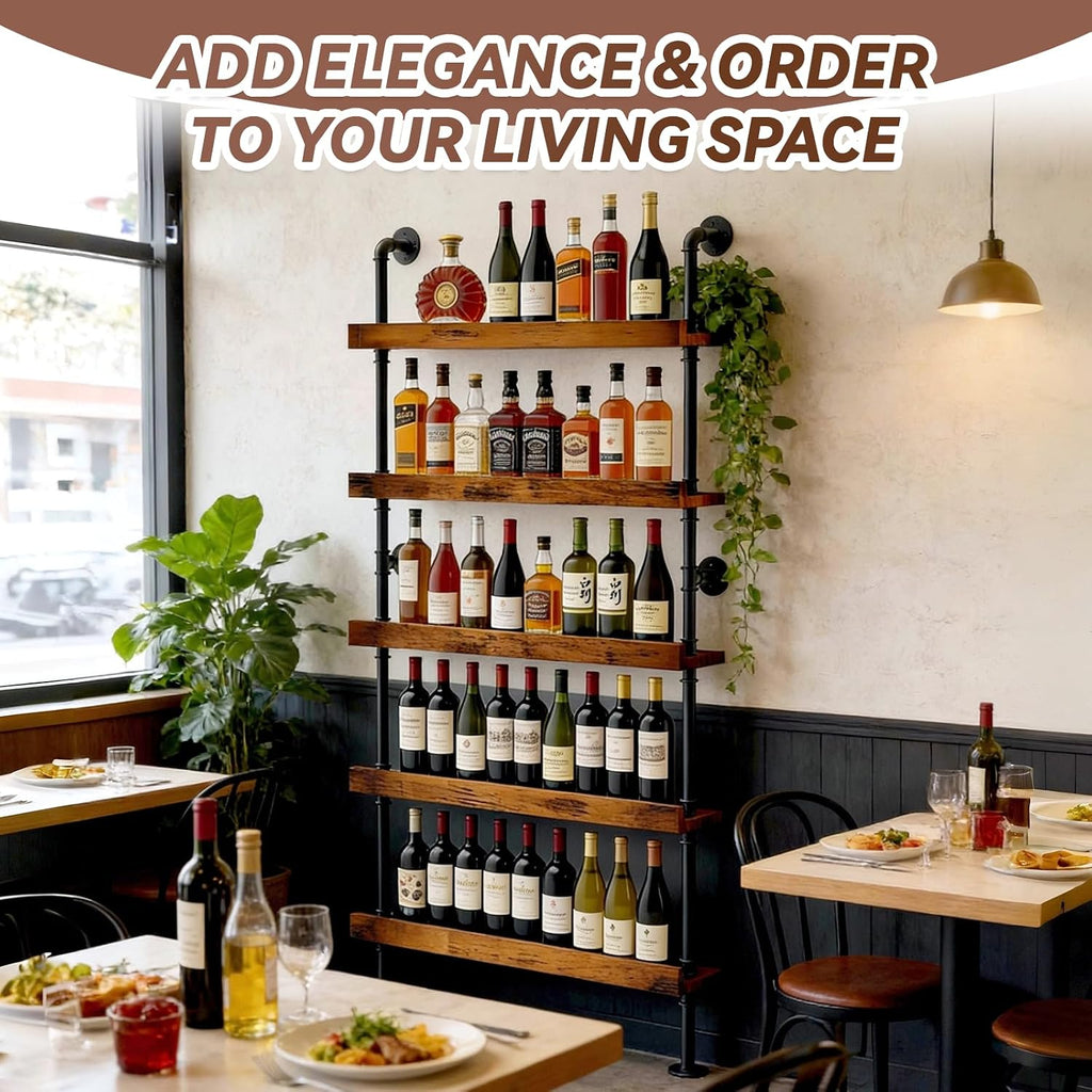 5-Tier Wall Mounted Wine Rack, Industrial Pipe Floating Bar Shelves, Liquor Bottle Display Shelf Holds 40+ Bottles