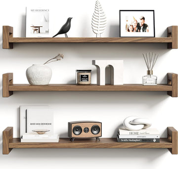 Solid Wood Floating Shelf, 23.6" Wall Shelf for Room, Rustic Walnut, 3 Pack | Natural Pine Wood Shelf on Wall, Rustic