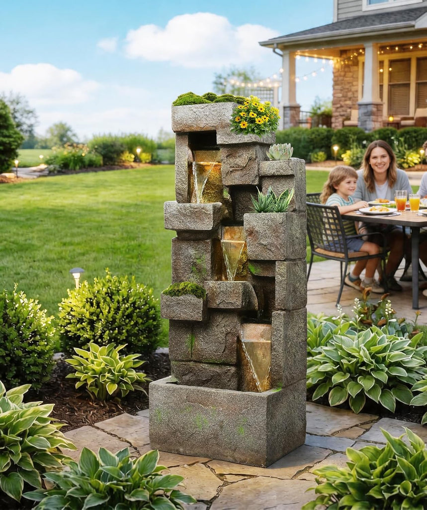 41.7" Outdoor Fountain 3 Tier Modern Water Fountains with LED Lights and Pump Outdoor Floor-Standing Rock Fountain Decor
