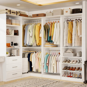 Closet Organizer System of 4 Sets with 3 Drawers, 9 Hanging Rods & 8 Shelves, 157" Walk in Closet System, Corner